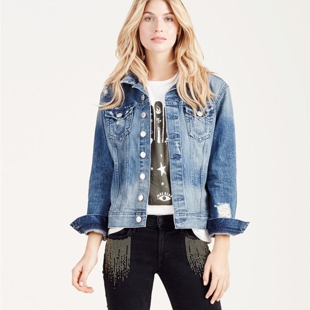 True Religion Gigi Destroyed Medium Wash Denim Trucker Jacket Grunge Women's S